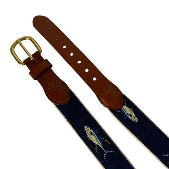 Leather Man Mens Yellowfin Tuna Fish Belt 44 Leather Tabs Webbing Brass Buckle - Picture 2 of 5